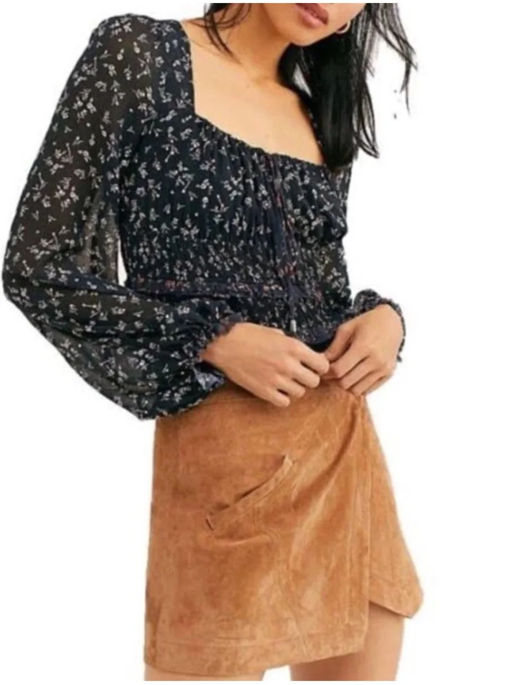 Free People Lolita Paisley Peasant Blouse Dark Combo Smocked Boho Top *M